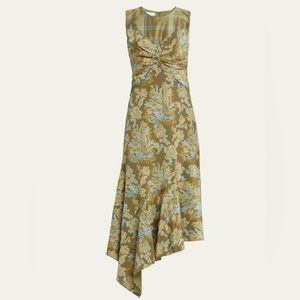 NWT Lafayette 148 Patchwork-Print Twist-Front Asymmetric Hem Midi Silk Dress